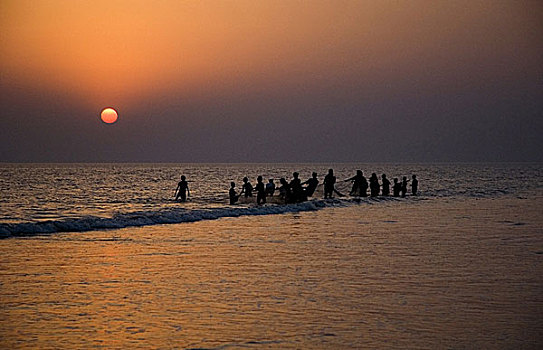 渔民,拉拽,向上,网,海滩,孟加拉,女儿,海洋,一个,自然,斑点,全景,上升,夕阳,湾