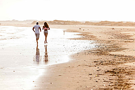 情侣,跑,海滩,后视图