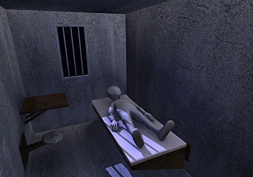 男性,犯人,站立,牢房女人,人质,后面,特写,金属,牢房,模糊背景,留白