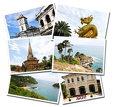 抽象拼贴画,普吉岛,泰国,明信片,隔绝,白色背景,背景