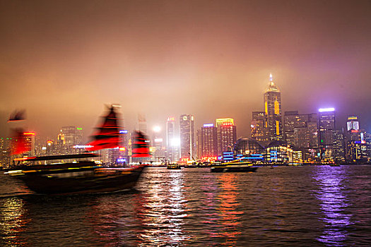 中国,香港,亮光,展示,城市,雾,移动,帆船