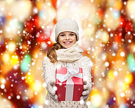 圣诞节,高兴,概念,微笑,女孩,帽子,围巾,手套,礼盒
