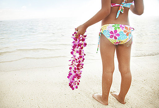 夏威夷,瓦胡岛,女孩,拿着,兰花,花环,后面