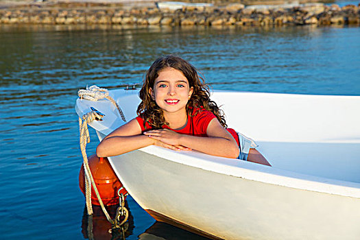 水手,儿童,女孩,高兴,微笑,放松,船,船首,福门特拉岛,巴利阿里群岛