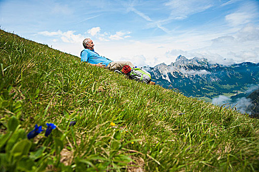 远足,躺着,草地,阿尔卑斯山,山谷,提洛尔,奥地利,欧洲