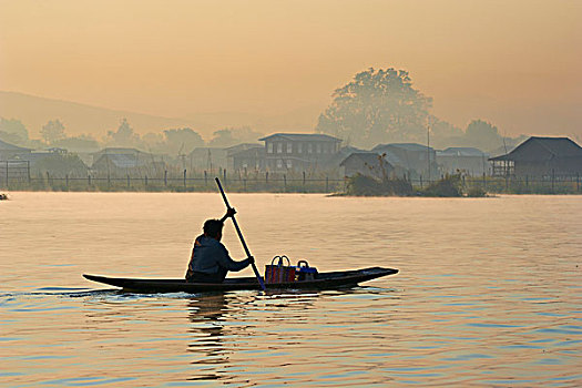 女人,渔船,茵莱湖,缅甸,亚洲