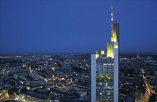 天际线,夜晚,高层建筑,城市,看,德国商业银行,法兰克福,黑森州,德国,欧洲