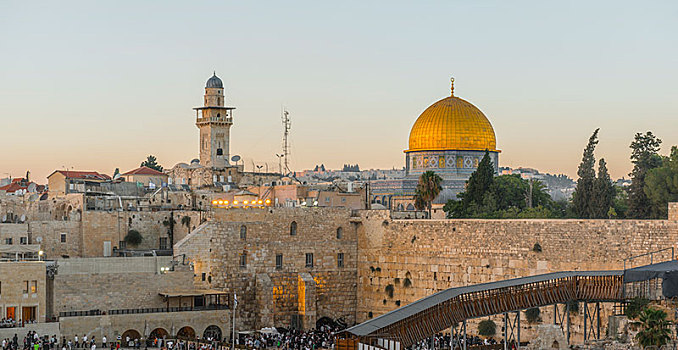 信徒,哭墙,黄昏,后面,穹顶,石头,老城,耶路撒冷,以色列,亚洲