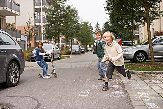 孩子,玩,郊区,街道