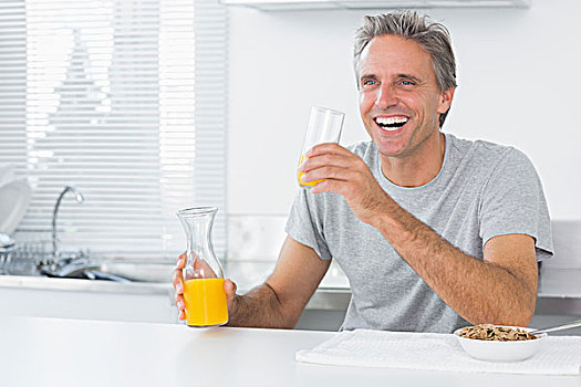 橙汁,早餐,坐,厨房操作台