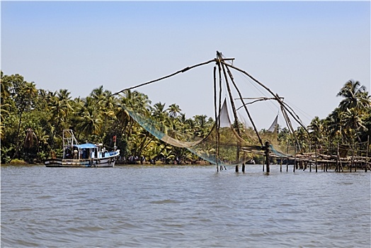 喀拉拉,水,印度,渔网,渡轮