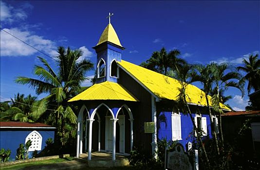 多米尼加共和国,半岛,萨玛纳,教堂,蓝色,墙,黄色,屋顶