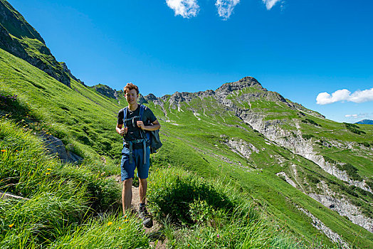 远足,徒步旅行,高,阿尔卑斯山,巴伐利亚,德国,欧洲