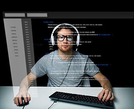 男人,耳机,黑客攻击,电脑