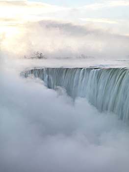 尼亚加拉瀑布,遮盖,浓厚,白色,雾气,加拿大,马掌,日出,软,亮光,淡色调,彩色,冬天,安大略省,北美