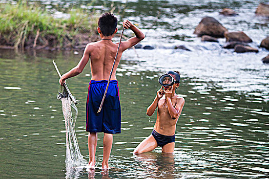 困,河边,城镇,老挝,儿童,钓鱼,网,手工制作,矛