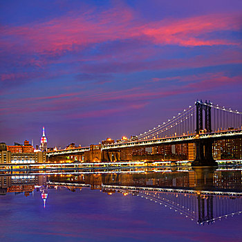 曼哈顿大桥,日落,纽约,天际线,美国
