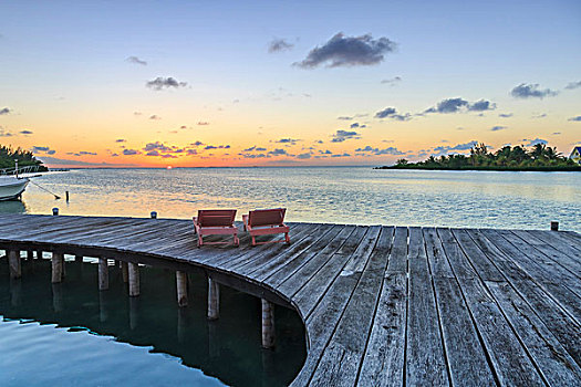 两个,沙滩椅,水岸,木板路,日落,伯利兹,中美洲
