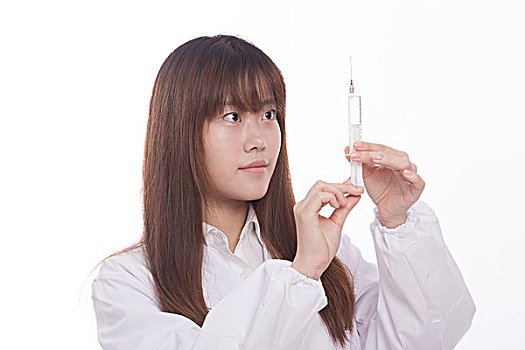 年轻,亚洲女性,整形医生,注射,注射器,白色背景,背景
