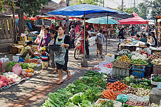 果蔬,早晨,市场,琅勃拉邦,老挝,印度支那,亚洲
