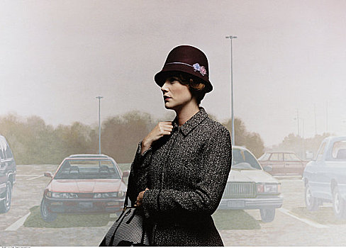 女人,戴着,帽子,外套,停车场