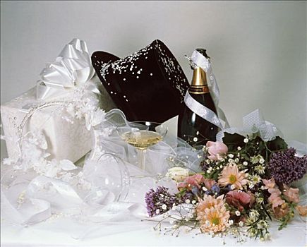 婚礼,礼物,花,香槟