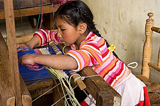 女孩,岁月,编织,织布机,靠近,秘鲁