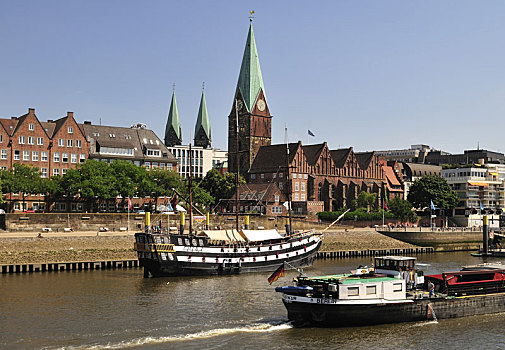 德国,汉萨同盟城市,不莱梅,岸边,风景,马提尼酒,教堂,圣徒,14世纪,码头