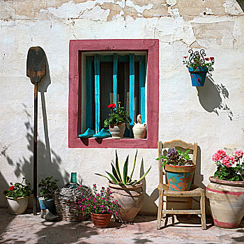 地中海,气氛,天竺葵,陶制器具,正面,窗,木质,青绿色