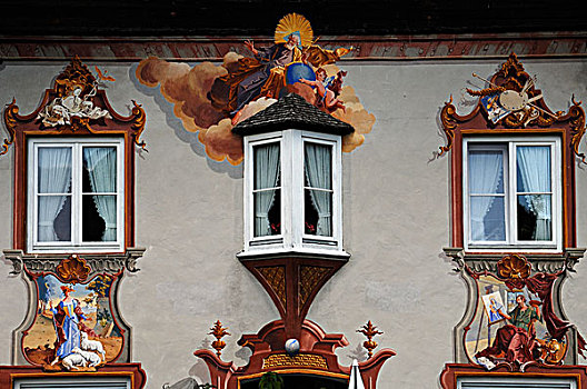 传统,壁画,建筑,窗户,米滕瓦尔德,上巴伐利亚,巴伐利亚,德国,欧洲