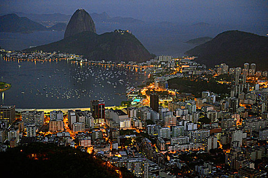 风景,博塔福戈,湾,夜晚,里约热内卢,巴西,南美