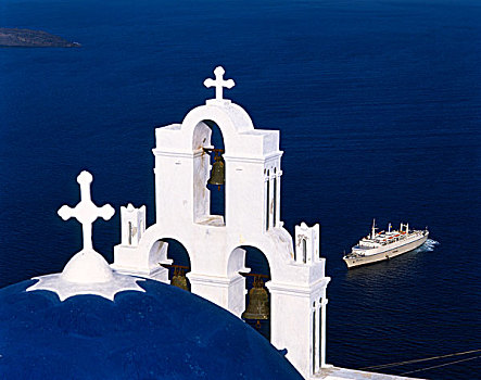 游船,教堂,圆顶,钟,锡拉岛,基克拉迪群岛,希腊群岛,希腊