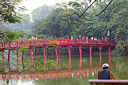 红色,铁桥,寺庙,玉,河内,越南
