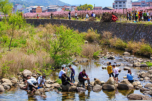 小溪,石头,游客,戏水