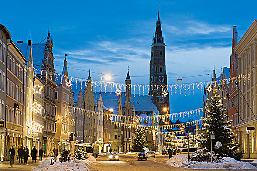 老,城镇,教堂,圣诞节,树,冬天,蓝德萨特,下巴伐利亚,巴伐利亚,德国,欧洲