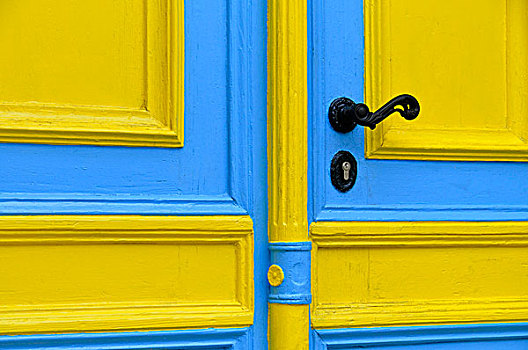 蓝色,黄色,涂绘,正前,黑色,门把手,梅克伦堡前波莫瑞州,德国,欧洲