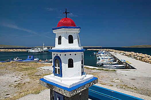 希腊,爱琴海岛屿,港口,微型,捕鱼,小教堂