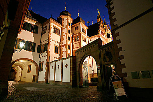 城堡,入口,市场,黃昏,城市,希尔街,巴登符腾堡,德国,欧洲