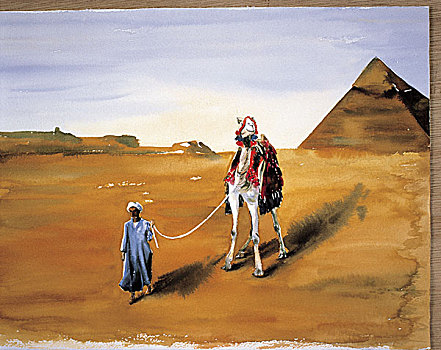 水彩,吉萨金字塔,骆驼,驾驶员,开罗,埃及