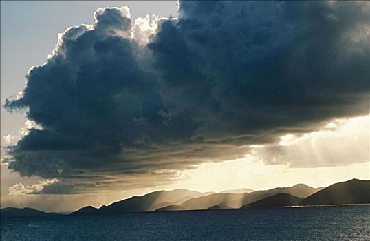 加勒比海,蓬松,乌云,日落,上方,海洋,太阳光线,山,远景