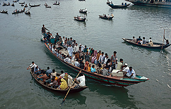 人,通勤,小,机动,船,上方,河,渡轮,达卡,孟加拉