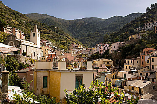 意大利,五渔村,里奥马焦雷,风景,看,城镇,山,教堂,左边