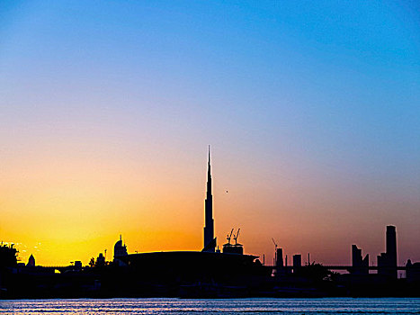 风景,哈利法,城市,河,生动,暮色天空,迪拜,阿联酋