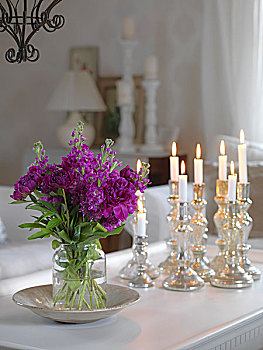 花瓶,紫色,花园,花,照亮,蜡烛,银,烛台,桌上