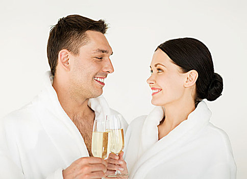 情侣,水疗,沙龙,白色,浴袍,香槟