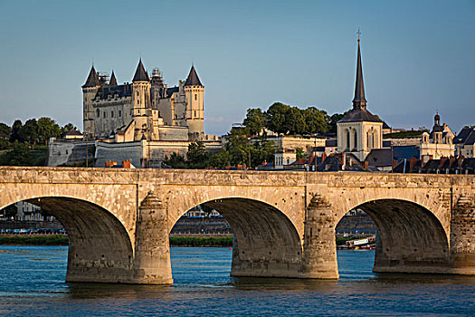 晚间,上方,城堡,索米尔,12世纪,河,卢瓦尔河,缅因与卢瓦省,中心,法国