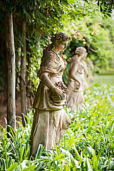 雕塑,女孩,长袍,篮子,花,排,老式,茂盛,绿色,浪漫,酒店,花园