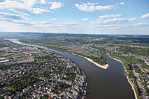 航拍,岛屿,莱茵河,河,靠近,科布伦茨,莱茵兰普法尔茨州,德国,欧洲