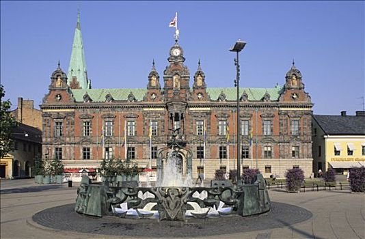瑞典,全景,市政厅,喷泉