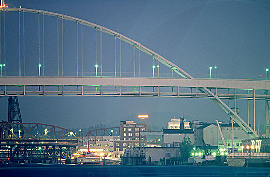 桥,天际线,波特兰,俄勒冈,夜晚